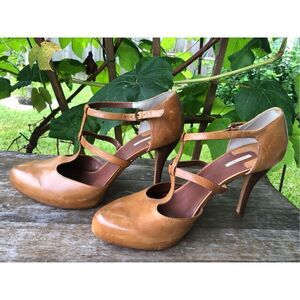 MAX STUDIO  Hidden Platform Leather Brown Mary Janes Heels Sz 9.5 M